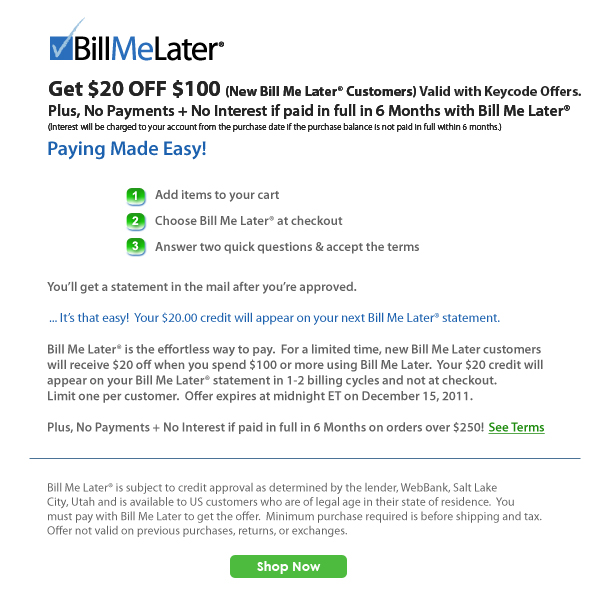 Bill me later electronics sites