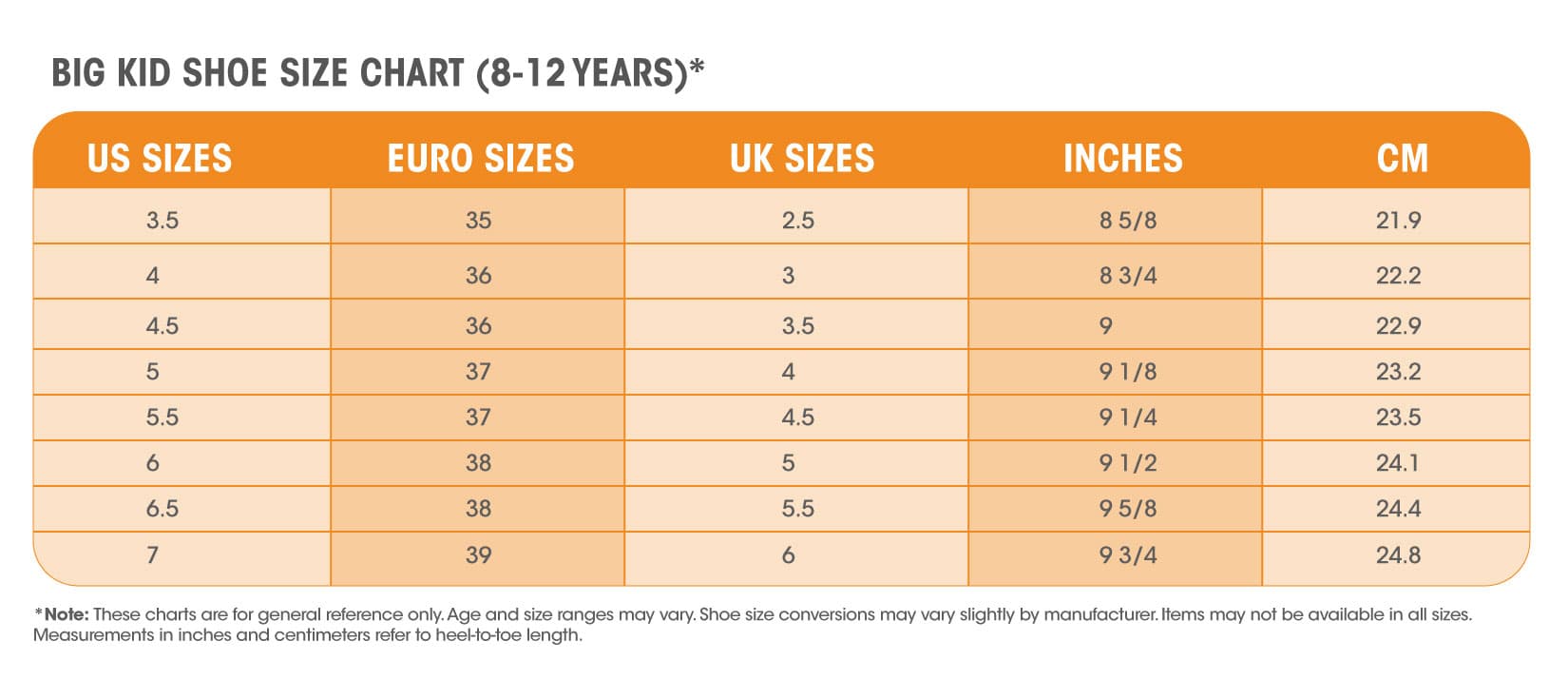 youth equivalent of women's shoe sizes 